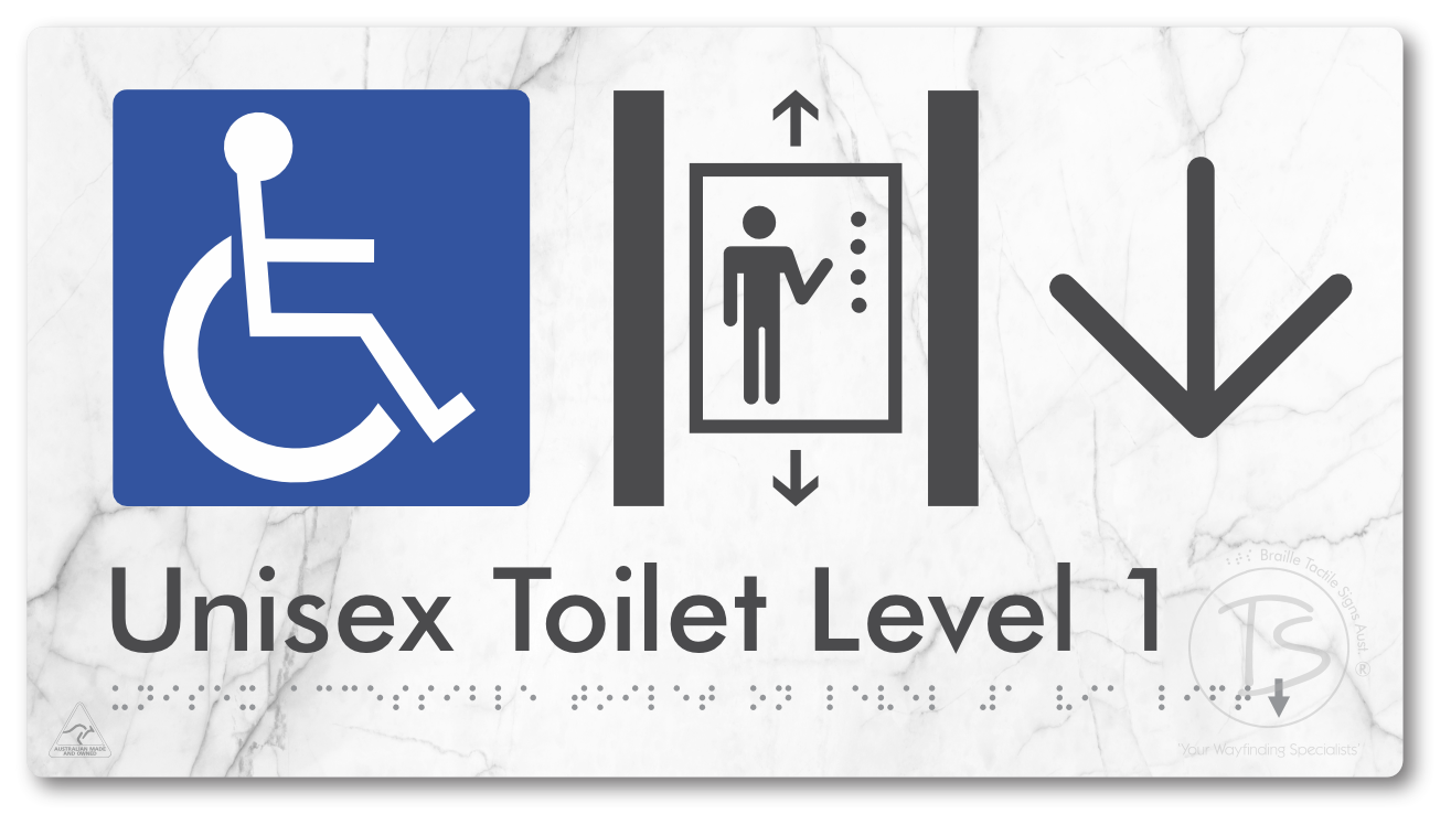 Unisex Accessible Toilet on Level 1 Via Lift with Large Arrow - Braille Tactile Signs Aust.