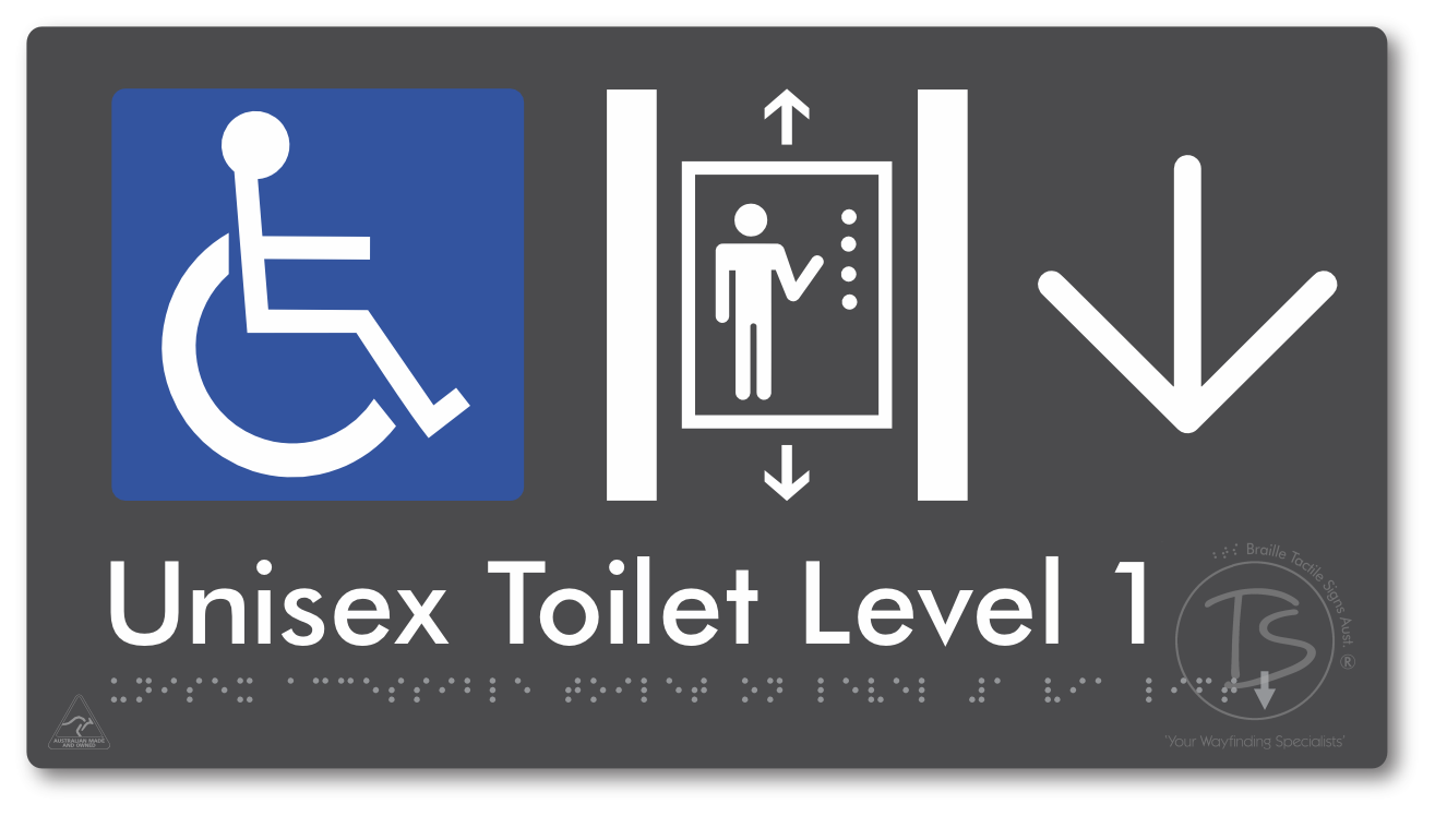 Unisex Accessible Toilet on Level 1 Via Lift with Large Arrow - Braille Tactile Signs Aust.