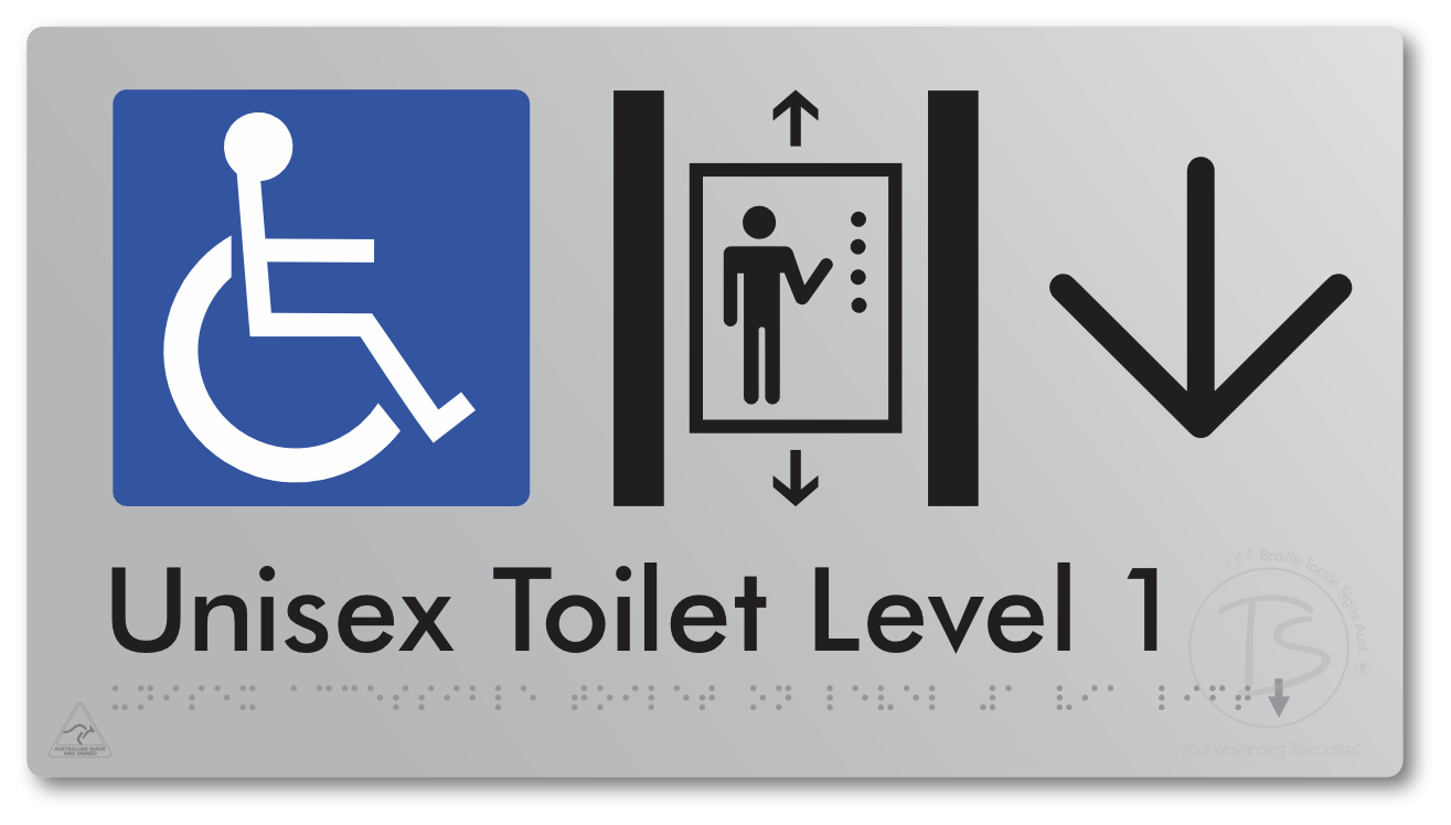 Unisex Accessible Toilet on Level 1 Via Lift with Large Arrow - Braille Tactile Signs Aust.
