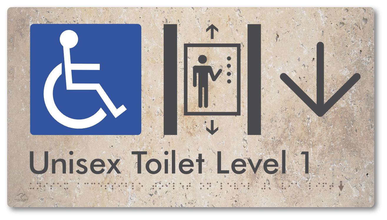 Unisex Accessible Toilet on Level 1 Via Lift with Large Arrow - Braille Tactile Signs Aust.