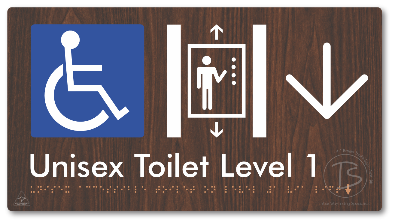 Unisex Accessible Toilet on Level 1 Via Lift with Large Arrow - Braille Tactile Signs Aust.