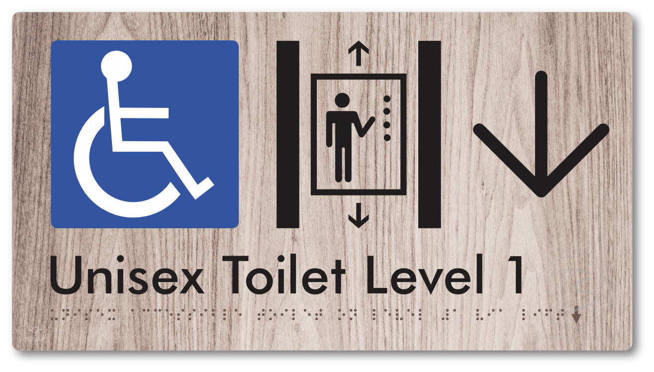 Unisex Accessible Toilet on Level 1 Via Lift with Large Arrow - Braille Tactile Signs Aust.