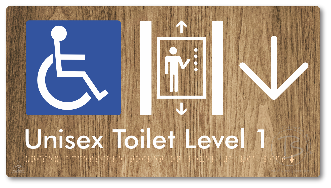Unisex Accessible Toilet on Level 1 Via Lift with Large Arrow - Braille Tactile Signs Aust.