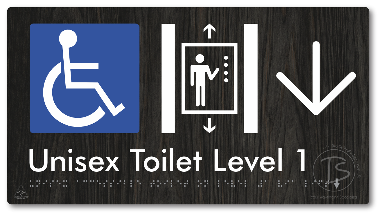 Unisex Accessible Toilet on Level 1 Via Lift with Large Arrow - Braille Tactile Signs Aust.