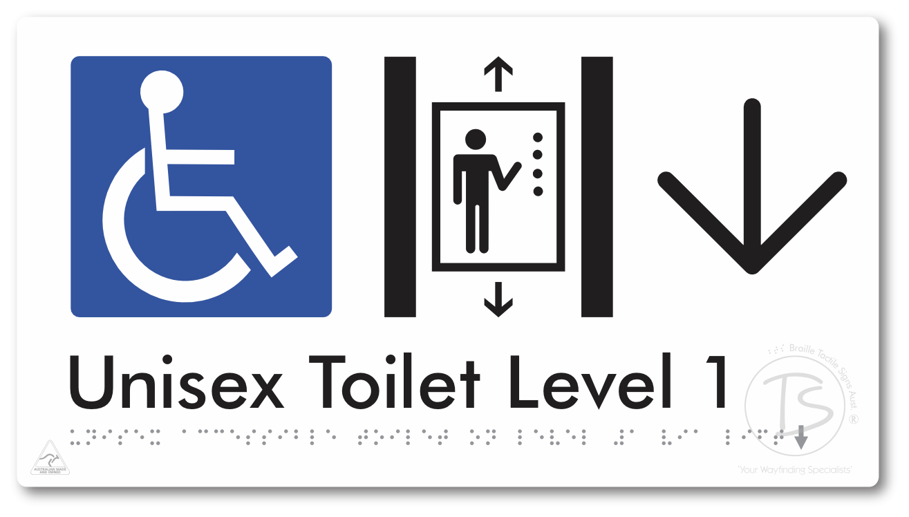 Unisex Accessible Toilet on Level 1 Via Lift with Large Arrow - Braille Tactile Signs Aust.