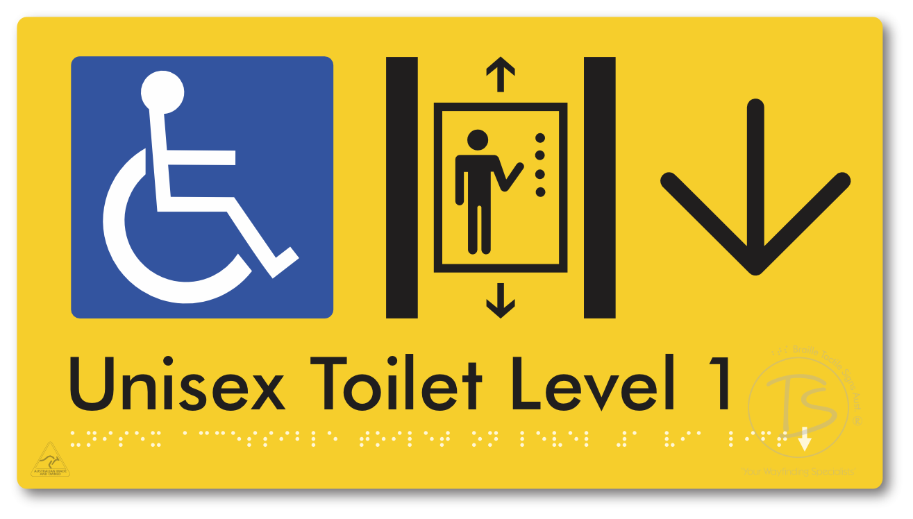 Unisex Accessible Toilet on Level 1 Via Lift with Large Arrow - Braille Tactile Signs Aust.