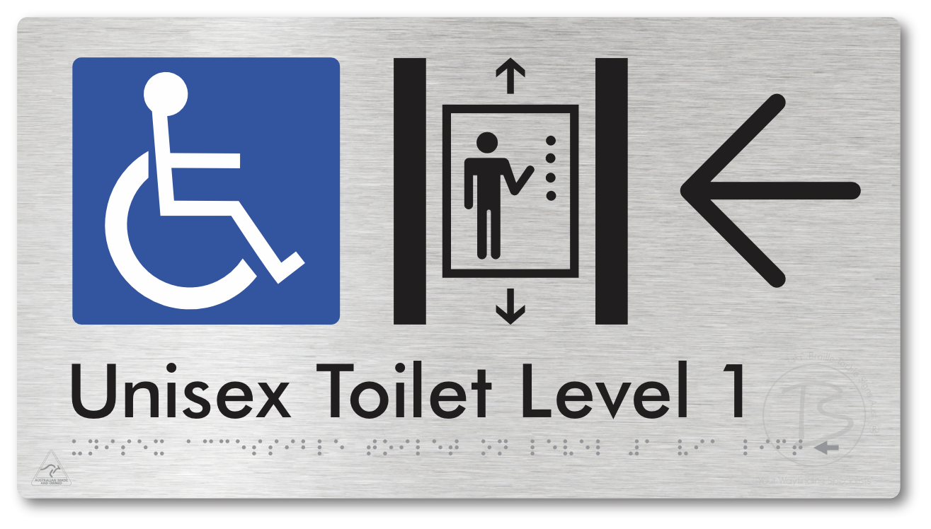 Unisex Accessible Toilet on Level 1 Via Lift with Large Arrow - Braille Tactile Signs Aust.