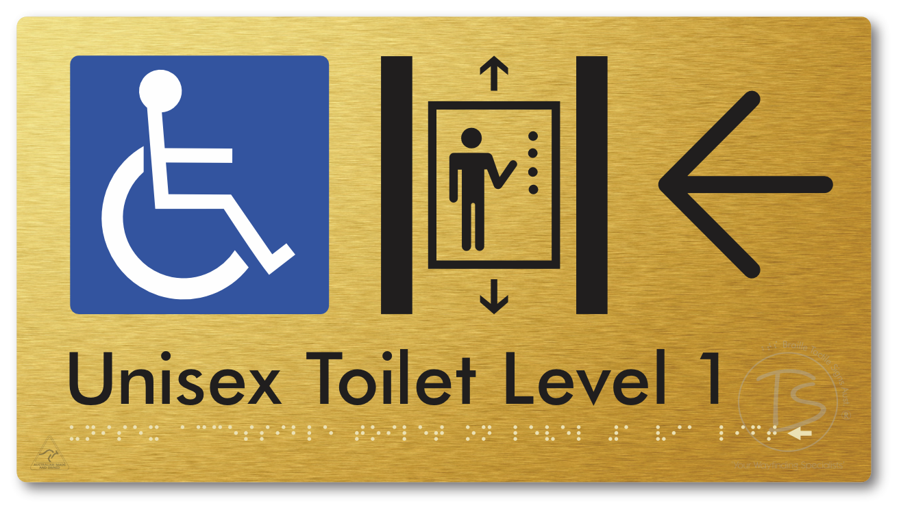 Unisex Accessible Toilet on Level 1 Via Lift with Large Arrow - Braille Tactile Signs Aust.