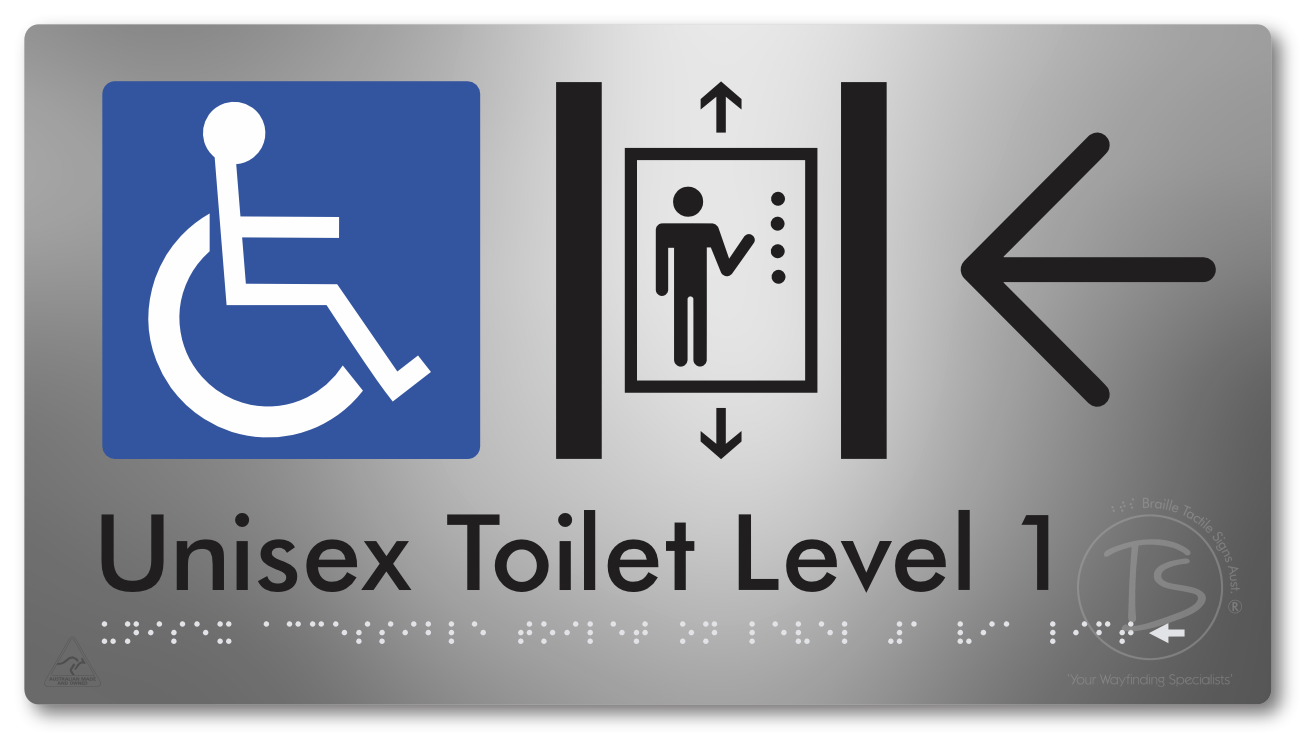 Unisex Accessible Toilet on Level 1 Via Lift with Large Arrow - Braille Tactile Signs Aust.