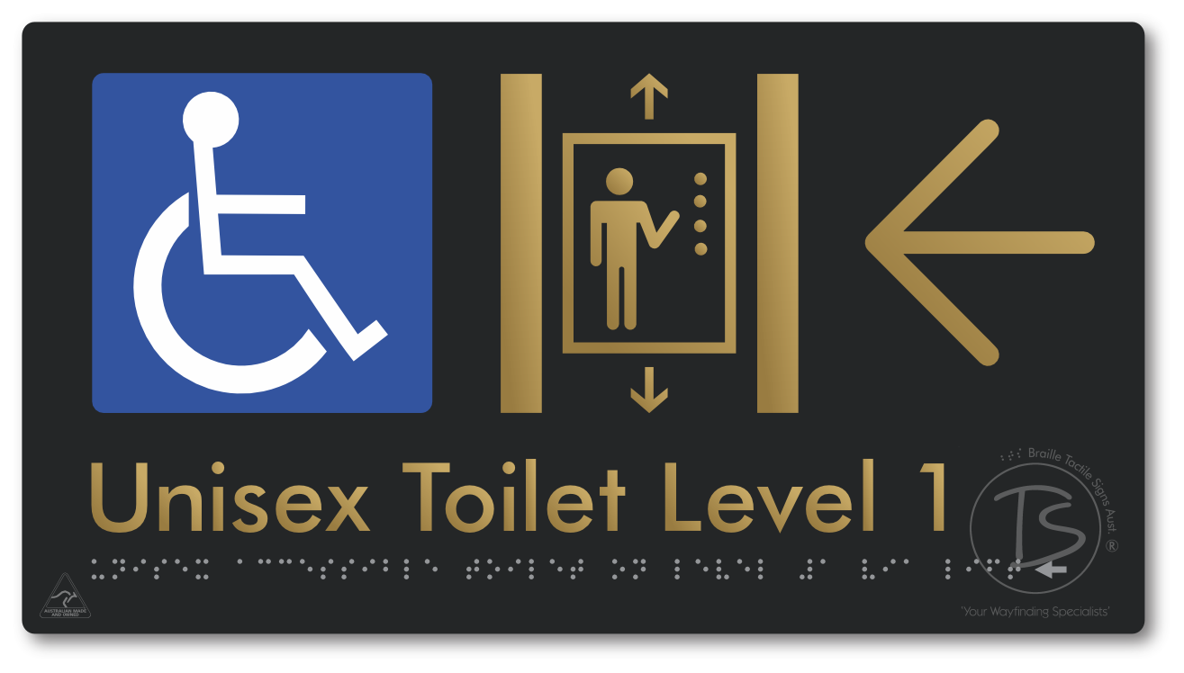 Unisex Accessible Toilet on Level 1 Via Lift with Large Arrow - Braille Tactile Signs Aust.