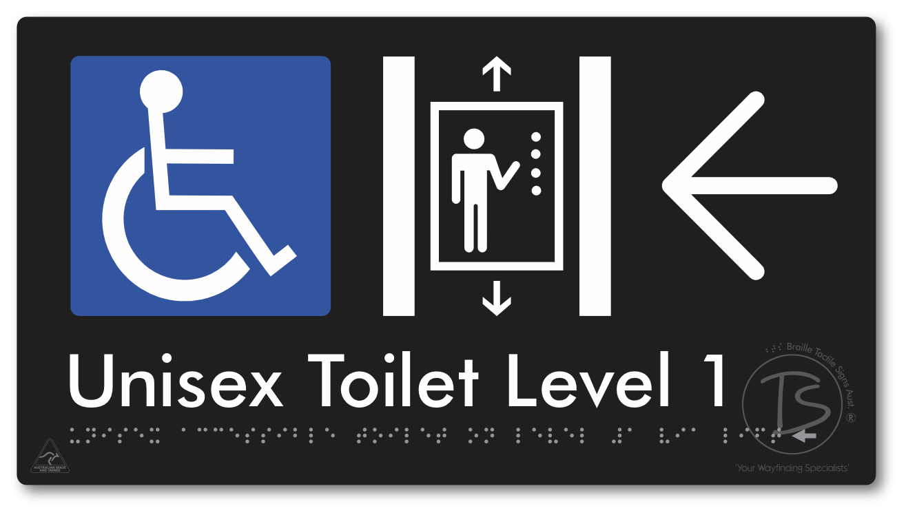 Unisex Accessible Toilet on Level 1 Via Lift with Large Arrow - Braille Tactile Signs Aust.