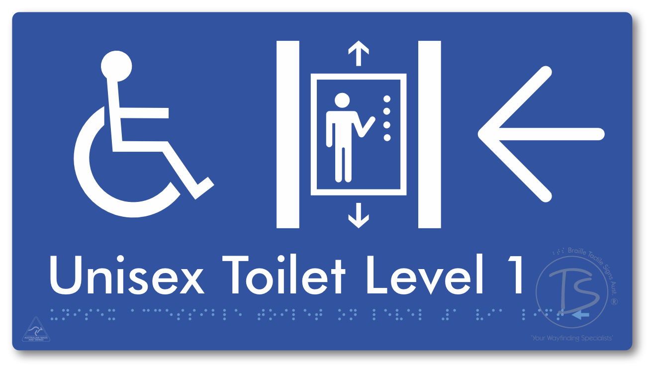 Unisex Accessible Toilet on Level 1 Via Lift with Large Arrow - Braille Tactile Signs Aust.