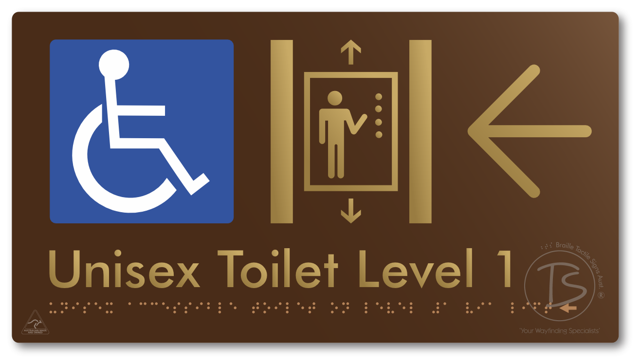 Unisex Accessible Toilet on Level 1 Via Lift with Large Arrow - Braille Tactile Signs Aust.