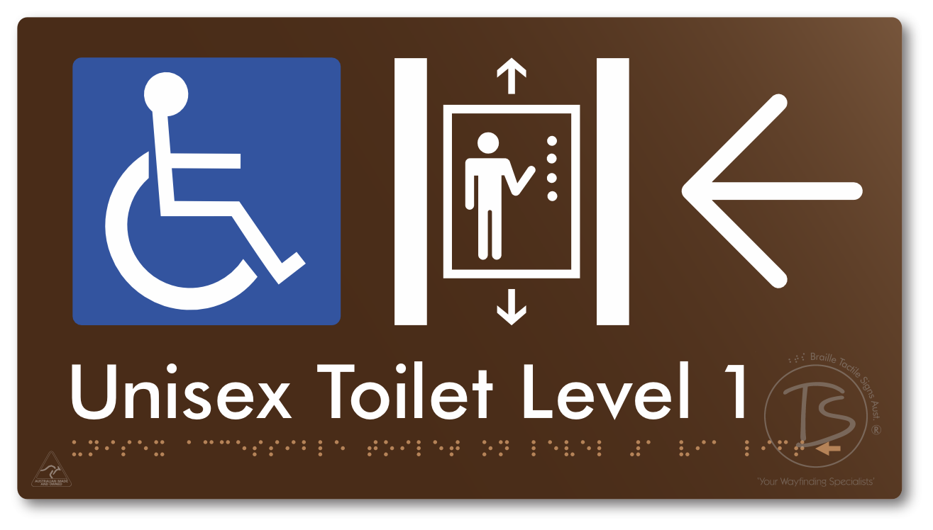 Unisex Accessible Toilet on Level 1 Via Lift with Large Arrow - Braille Tactile Signs Aust.