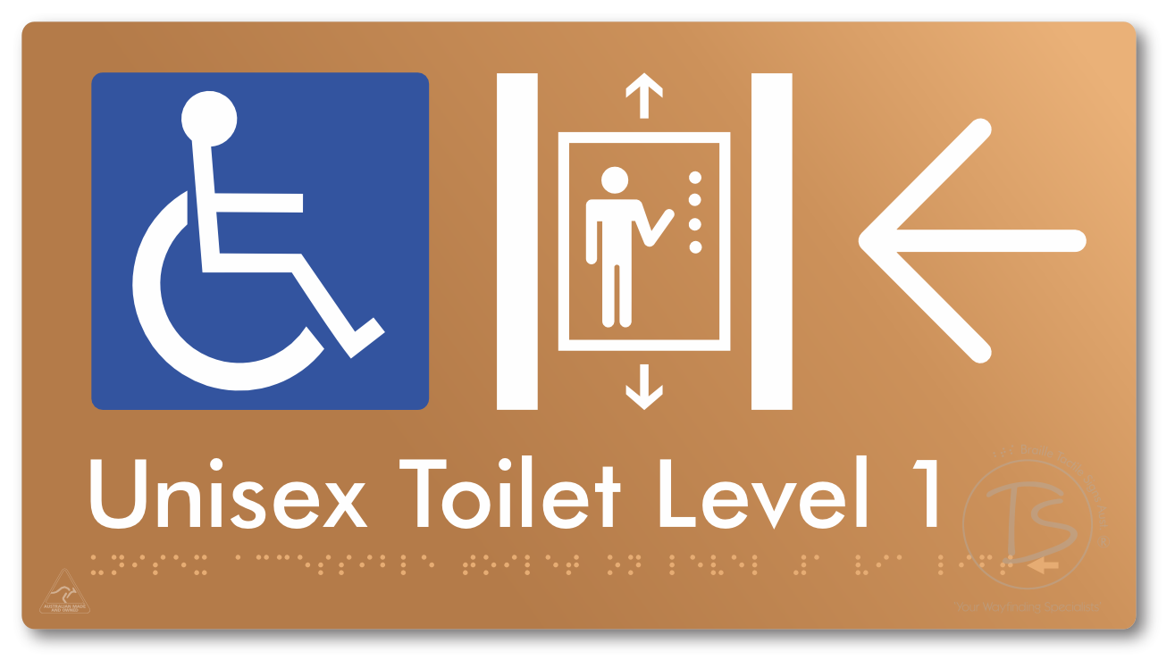 Unisex Accessible Toilet on Level 1 Via Lift with Large Arrow - Braille Tactile Signs Aust.
