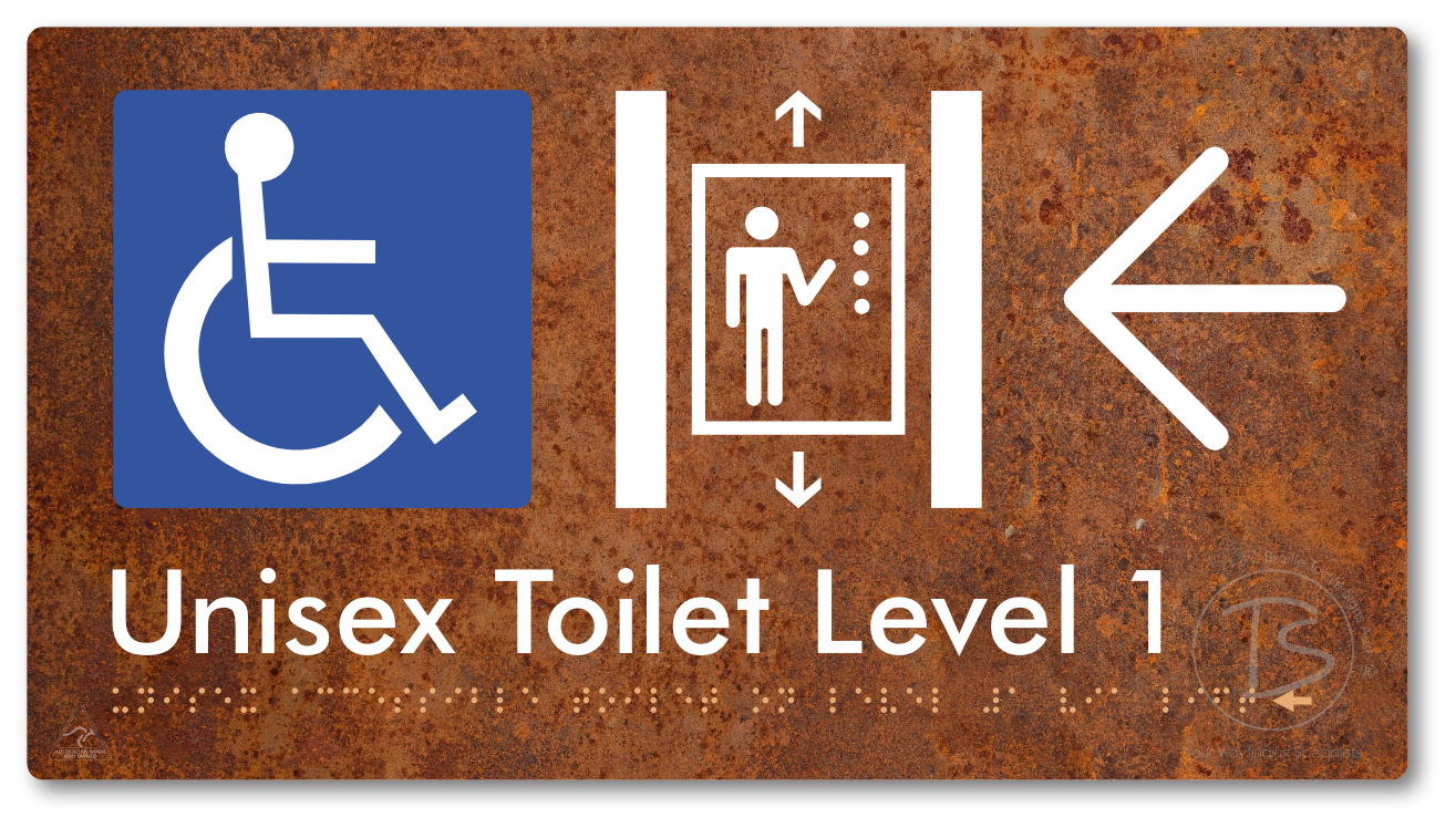 Unisex Accessible Toilet on Level 1 Via Lift with Large Arrow - Braille Tactile Signs Aust.