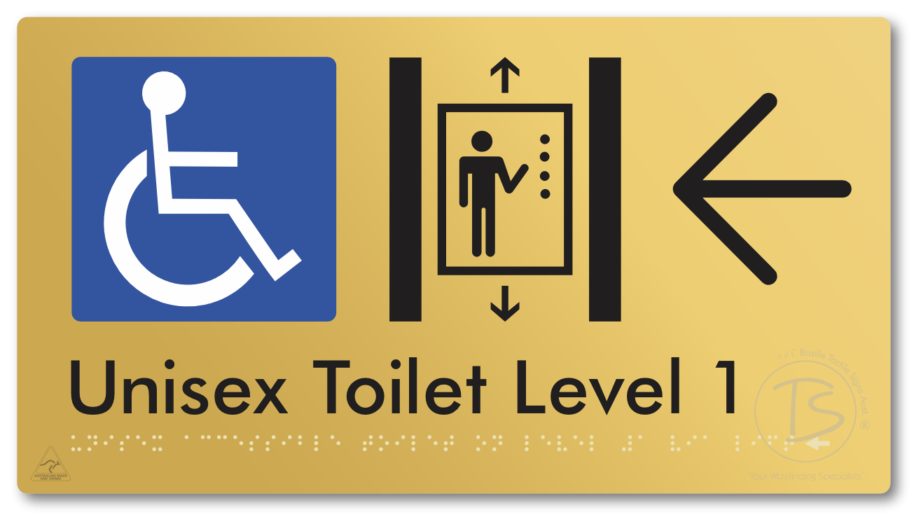 Unisex Accessible Toilet on Level 1 Via Lift with Large Arrow - Braille Tactile Signs Aust.