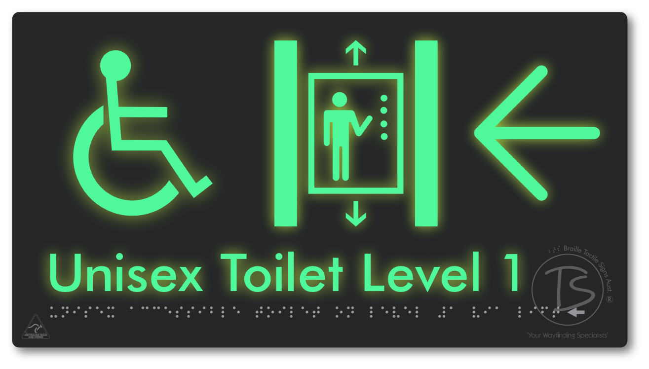 Unisex Accessible Toilet on Level 1 Via Lift with Large Arrow - Braille Tactile Signs Aust.