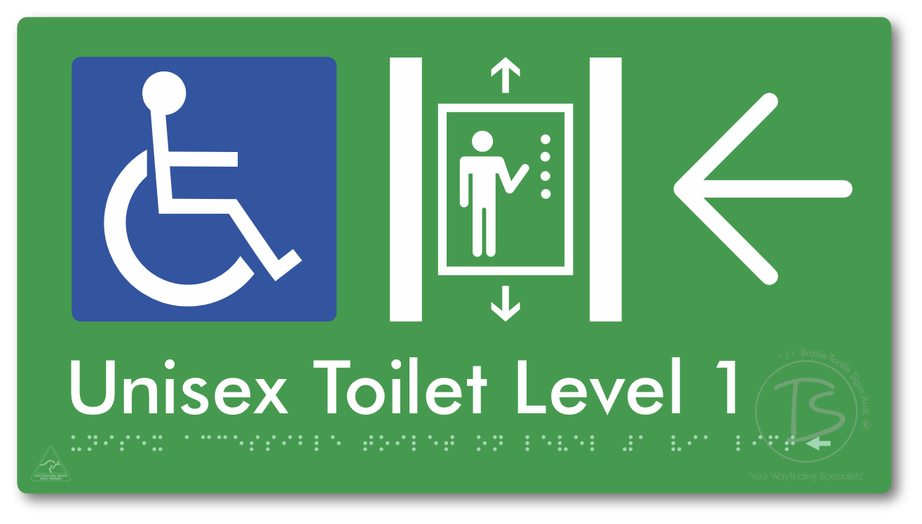 Unisex Accessible Toilet on Level 1 Via Lift with Large Arrow - Braille Tactile Signs Aust.