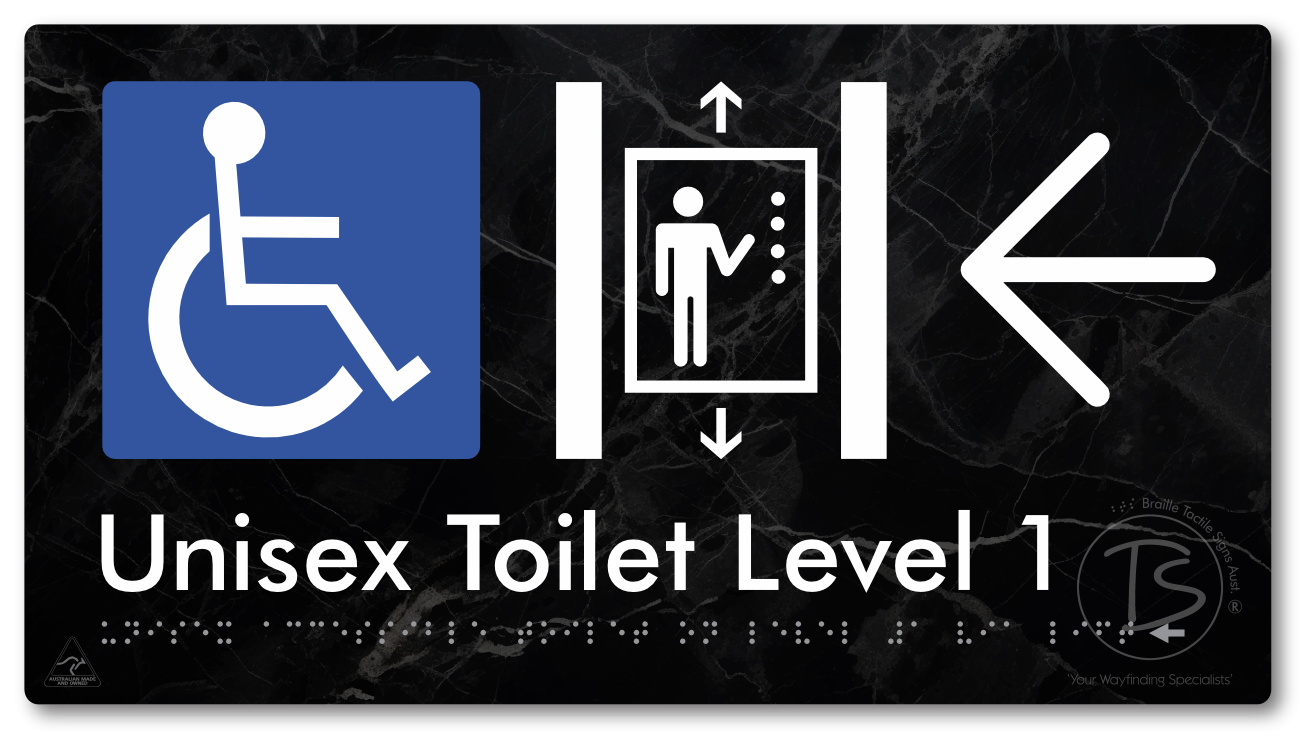 Unisex Accessible Toilet on Level 1 Via Lift with Large Arrow - Braille Tactile Signs Aust.