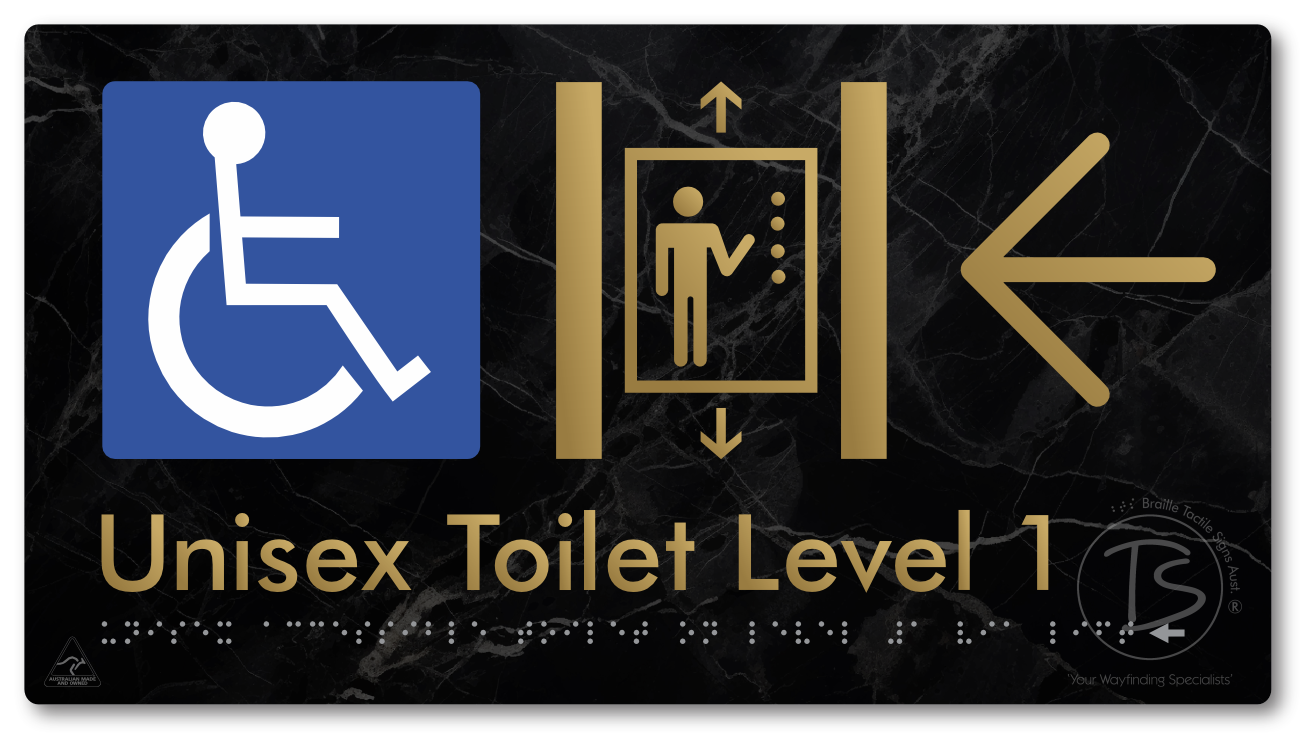 Unisex Accessible Toilet on Level 1 Via Lift with Large Arrow - Braille Tactile Signs Aust.