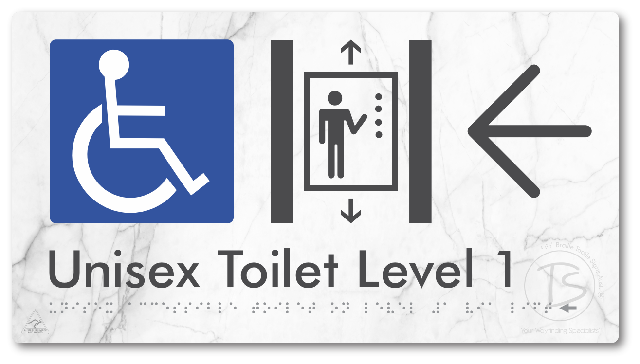 Unisex Accessible Toilet on Level 1 Via Lift with Large Arrow - Braille Tactile Signs Aust.