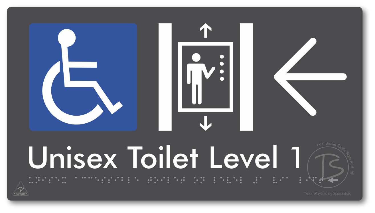 Unisex Accessible Toilet on Level 1 Via Lift with Large Arrow - Braille Tactile Signs Aust.