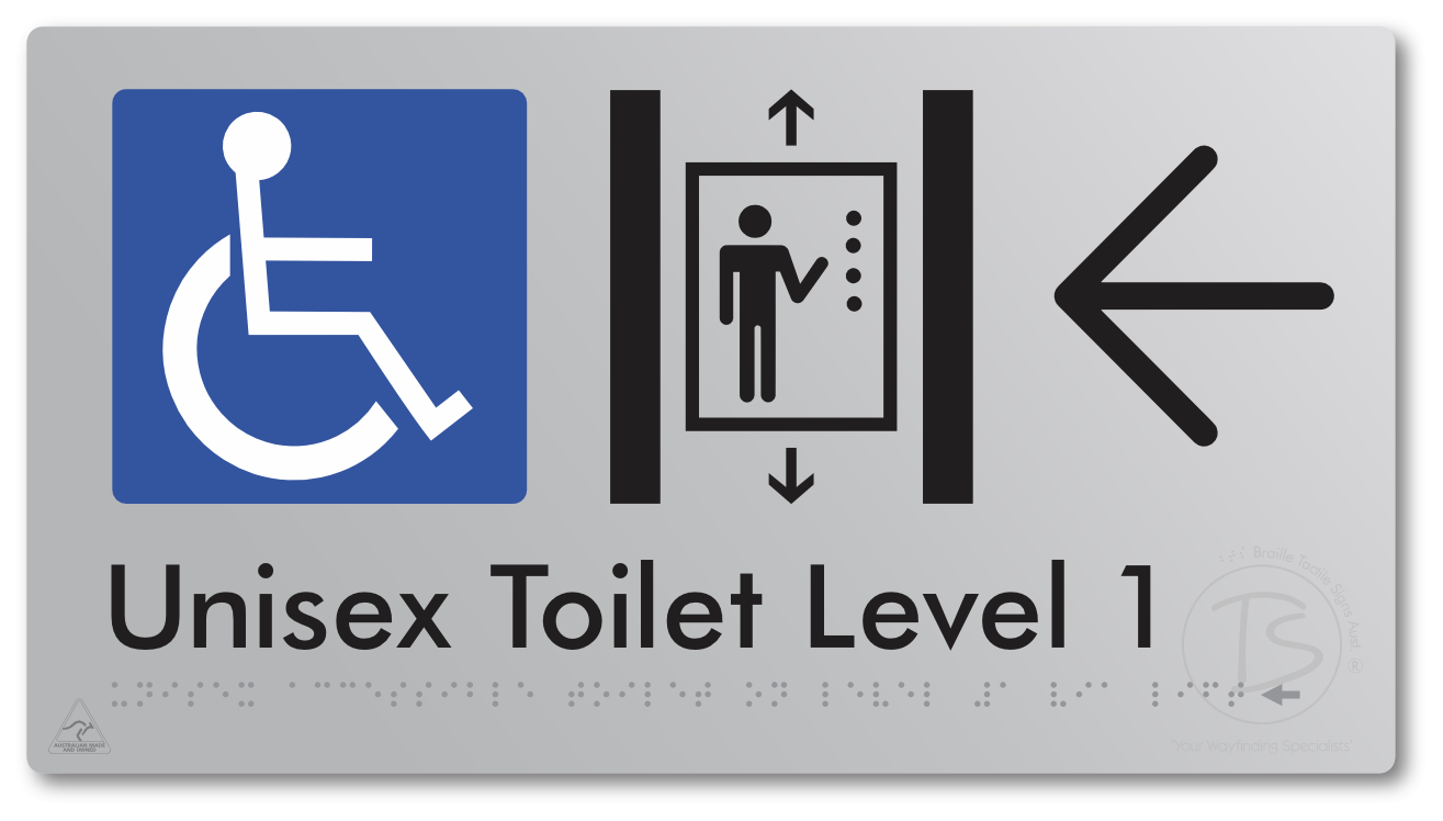 Unisex Accessible Toilet on Level 1 Via Lift with Large Arrow - Braille Tactile Signs Aust.