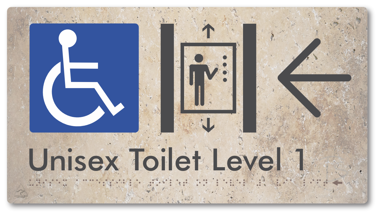 Unisex Accessible Toilet on Level 1 Via Lift with Large Arrow - Braille Tactile Signs Aust.