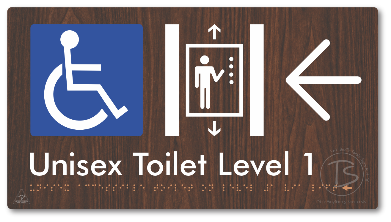 Unisex Accessible Toilet on Level 1 Via Lift with Large Arrow - Braille Tactile Signs Aust.
