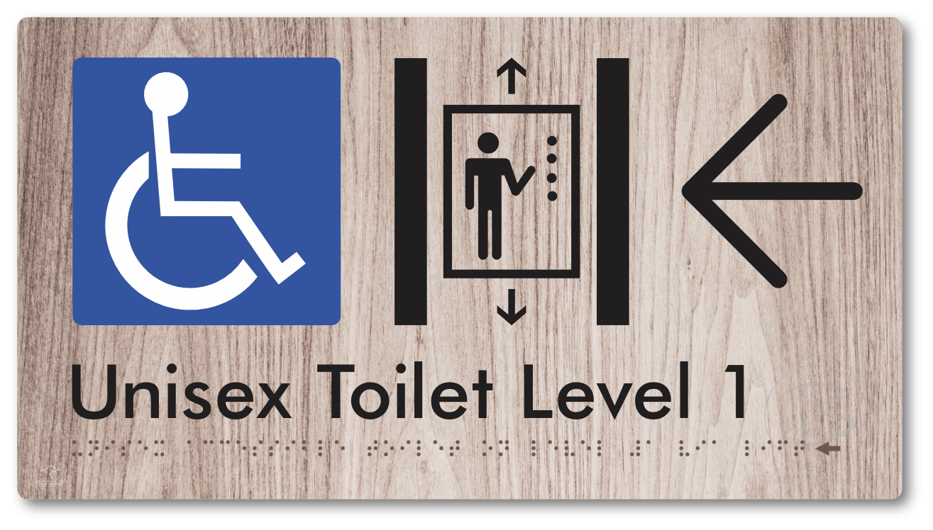 Unisex Accessible Toilet on Level 1 Via Lift with Large Arrow - Braille Tactile Signs Aust.