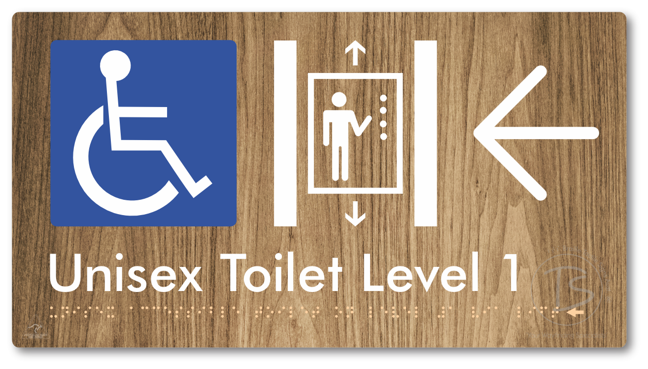 Unisex Accessible Toilet on Level 1 Via Lift with Large Arrow - Braille Tactile Signs Aust.