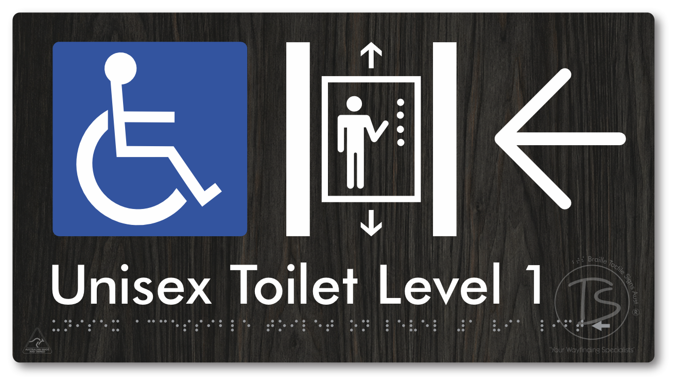 Unisex Accessible Toilet on Level 1 Via Lift with Large Arrow - Braille Tactile Signs Aust.