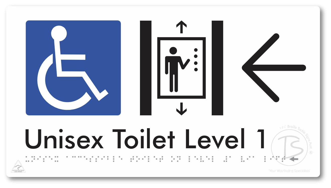 Unisex Accessible Toilet on Level 1 Via Lift with Large Arrow - Braille Tactile Signs Aust.