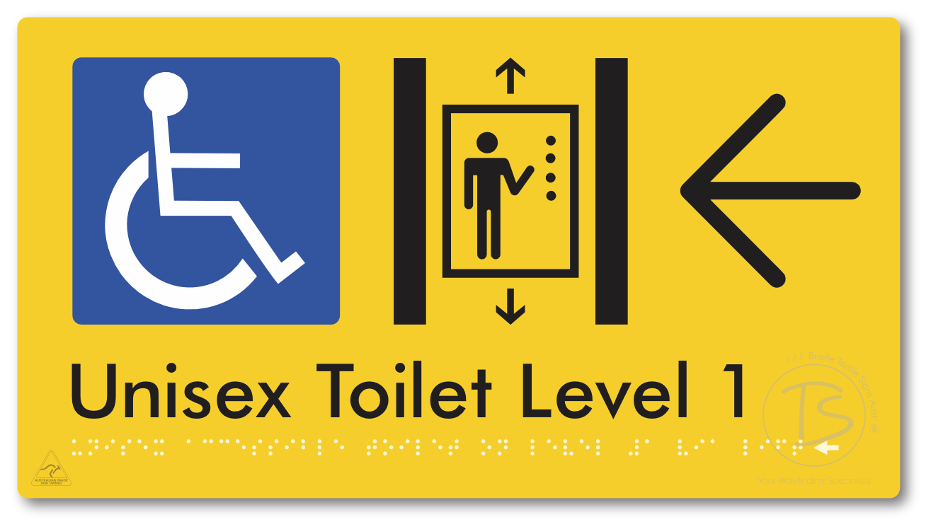 Unisex Accessible Toilet on Level 1 Via Lift with Large Arrow - Braille Tactile Signs Aust.