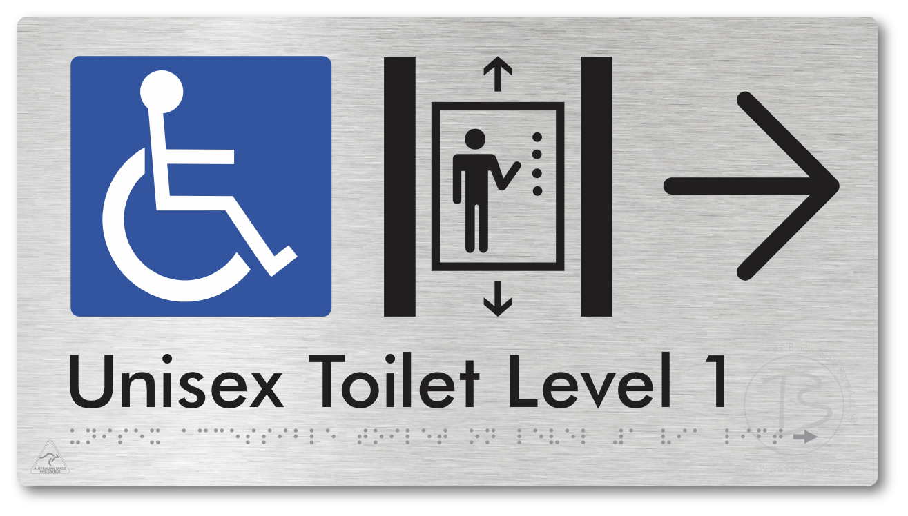 Unisex Accessible Toilet on Level 1 Via Lift with Large Arrow - Braille Tactile Signs Aust.