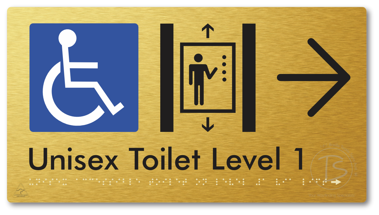 Unisex Accessible Toilet on Level 1 Via Lift with Large Arrow - Braille Tactile Signs Aust.