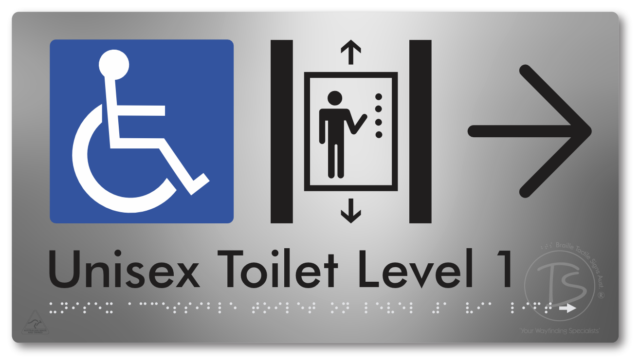 Unisex Accessible Toilet on Level 1 Via Lift with Large Arrow - Braille Tactile Signs Aust.