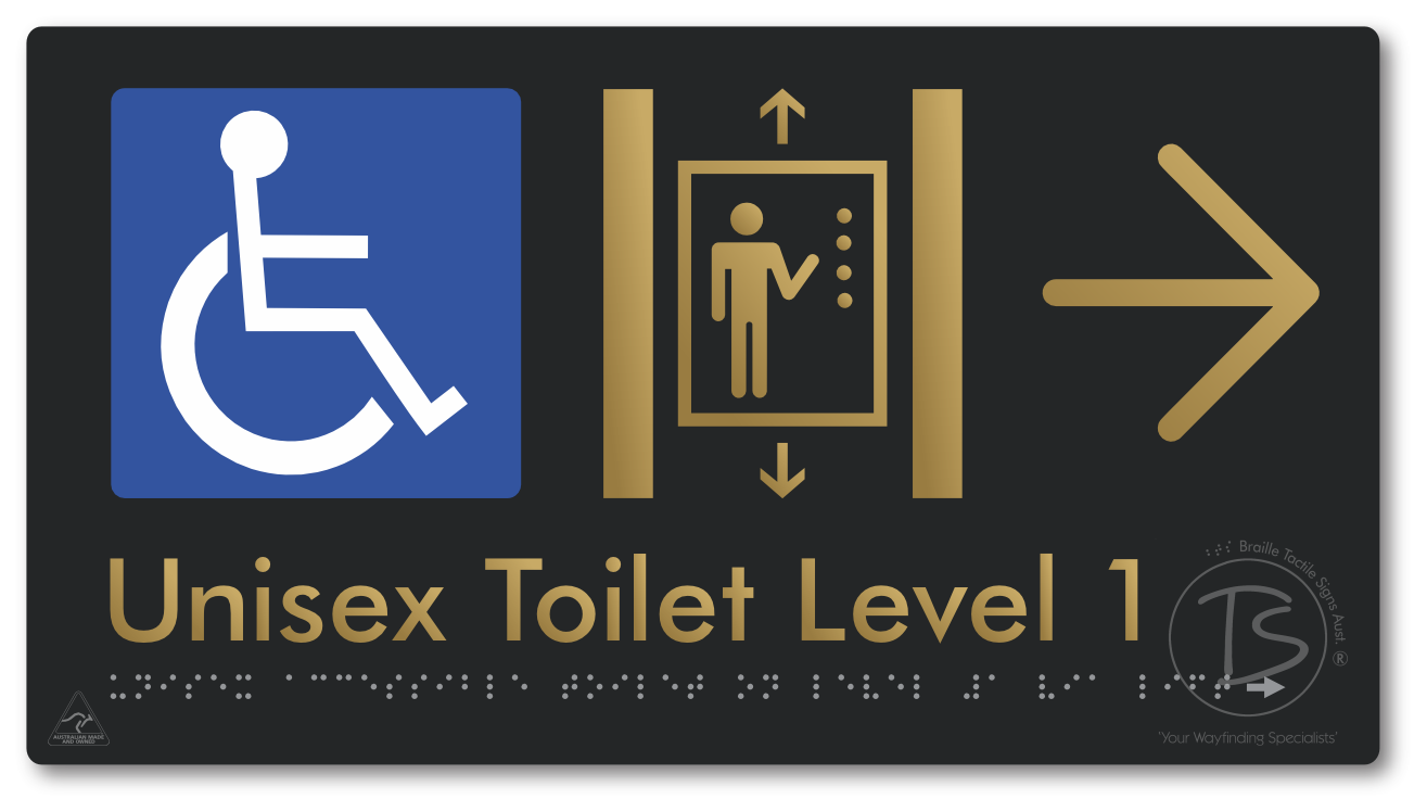 Unisex Accessible Toilet on Level 1 Via Lift with Large Arrow - Braille Tactile Signs Aust.