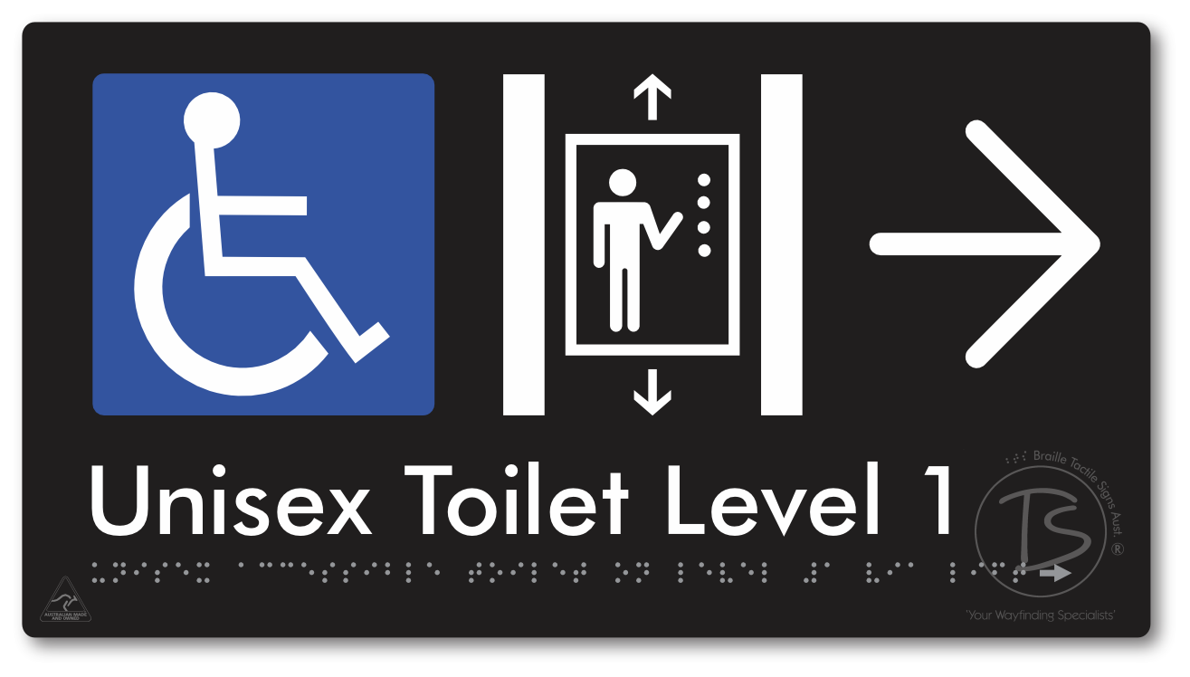 Unisex Accessible Toilet on Level 1 Via Lift with Large Arrow - Braille Tactile Signs Aust.