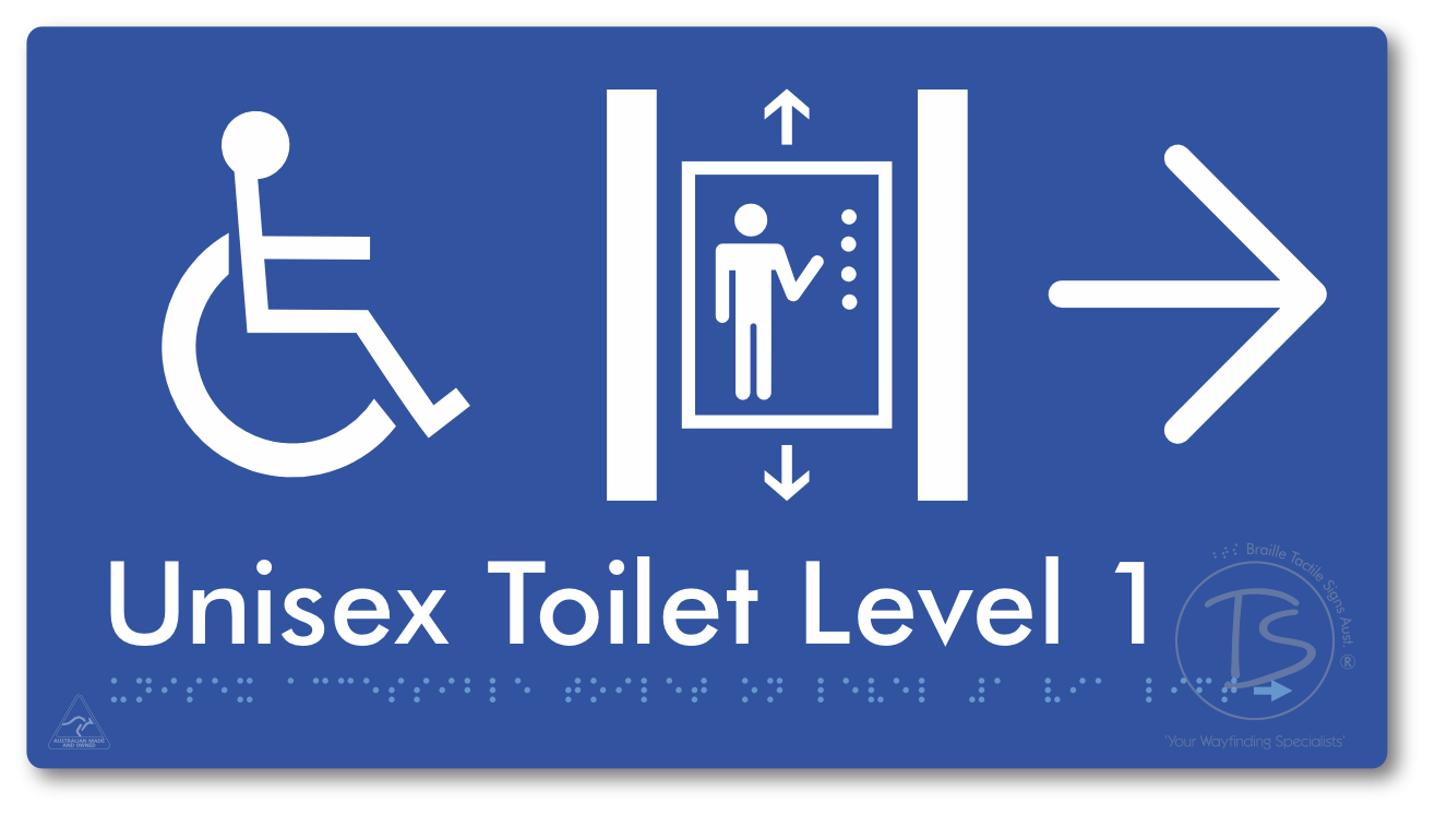 Unisex Accessible Toilet on Level 1 Via Lift with Large Arrow - Braille Tactile Signs Aust.