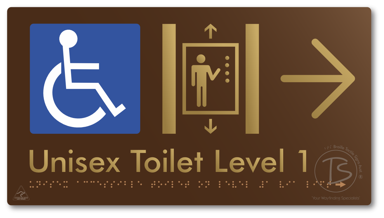 Unisex Accessible Toilet on Level 1 Via Lift with Large Arrow - Braille Tactile Signs Aust.