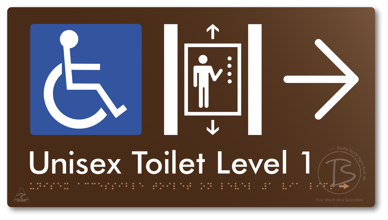 Unisex Accessible Toilet on Level 1 Via Lift with Large Arrow - Braille Tactile Signs Aust.