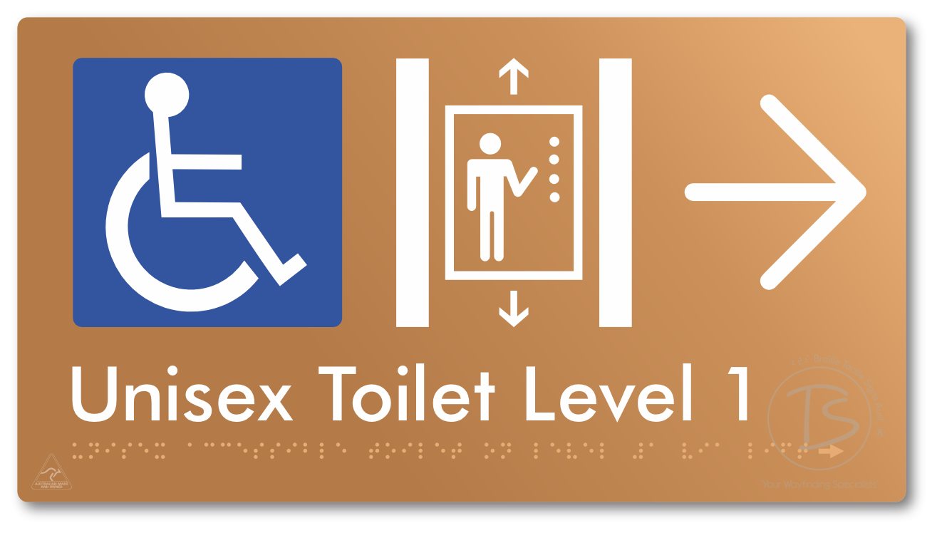 Unisex Accessible Toilet on Level 1 Via Lift with Large Arrow - Braille Tactile Signs Aust.