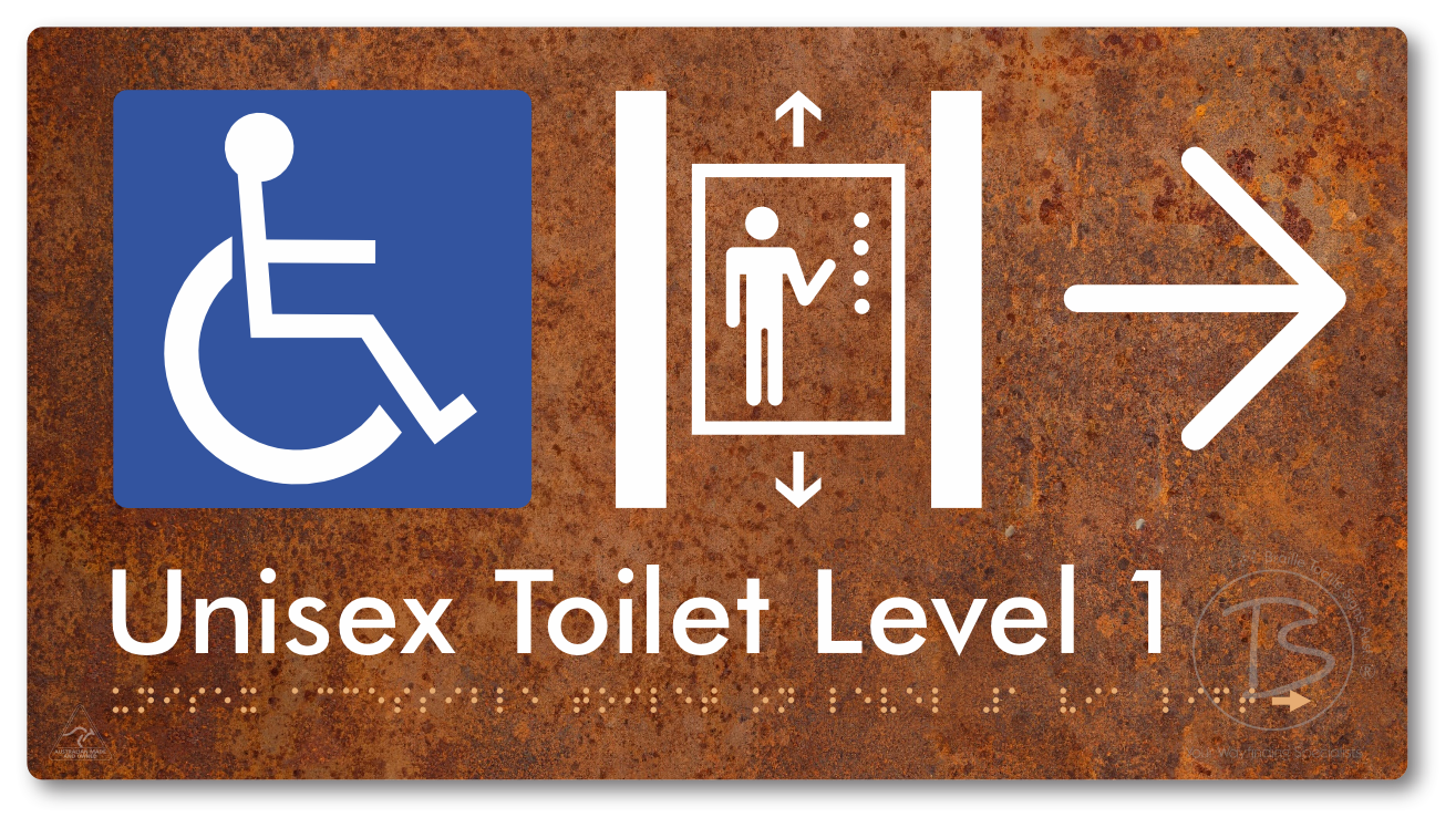 Unisex Accessible Toilet on Level 1 Via Lift with Large Arrow - Braille Tactile Signs Aust.