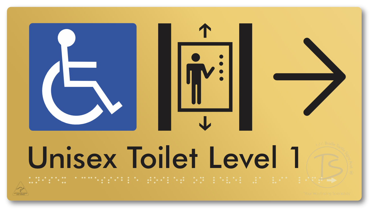Unisex Accessible Toilet on Level 1 Via Lift with Large Arrow - Braille Tactile Signs Aust.