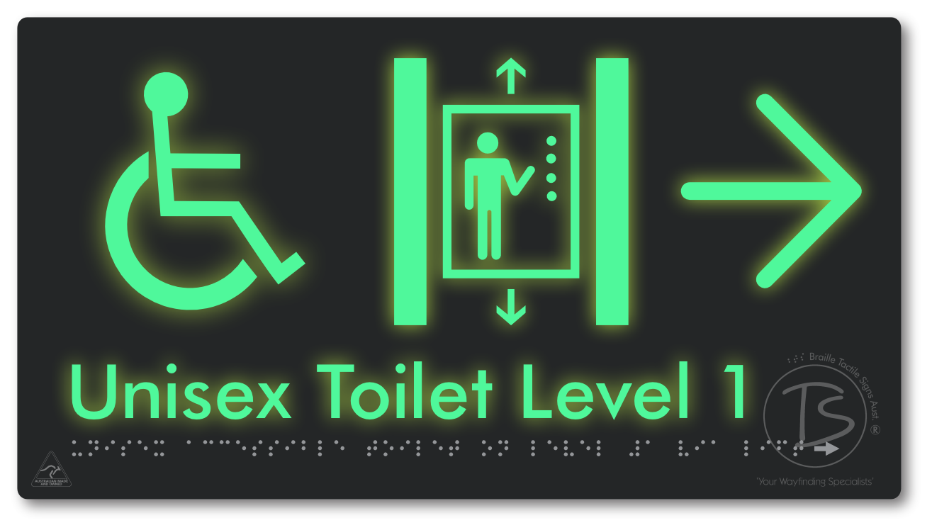 Unisex Accessible Toilet on Level 1 Via Lift with Large Arrow - Braille Tactile Signs Aust.