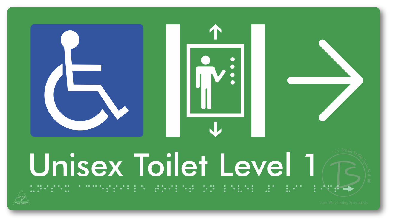 Unisex Accessible Toilet on Level 1 Via Lift with Large Arrow - Braille Tactile Signs Aust.