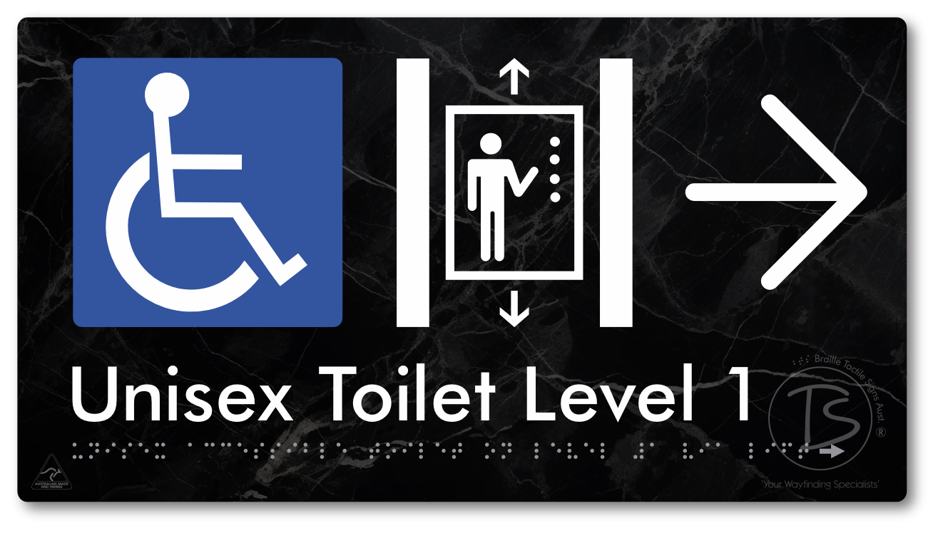 Unisex Accessible Toilet on Level 1 Via Lift with Large Arrow - Braille Tactile Signs Aust.