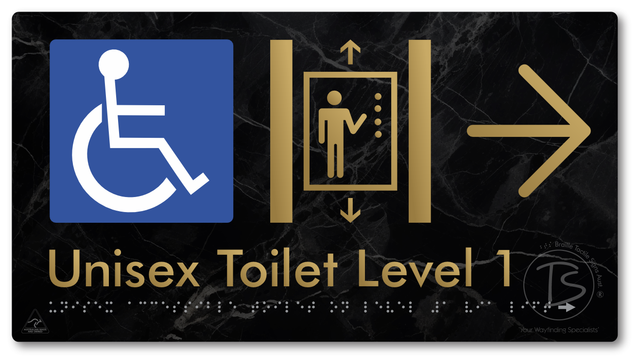 Unisex Accessible Toilet on Level 1 Via Lift with Large Arrow - Braille Tactile Signs Aust.